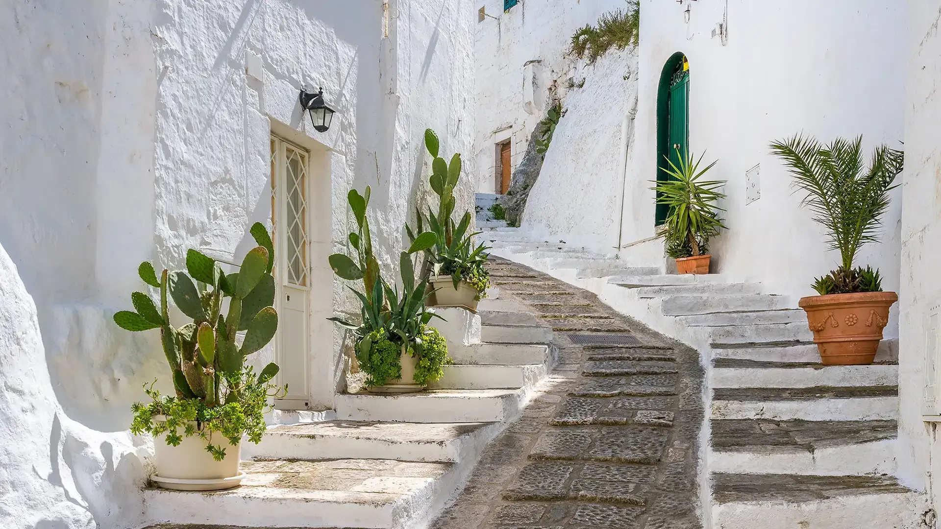 Ruelle blanche avec escaliers et plantes en pot dans un village méditerranéen.