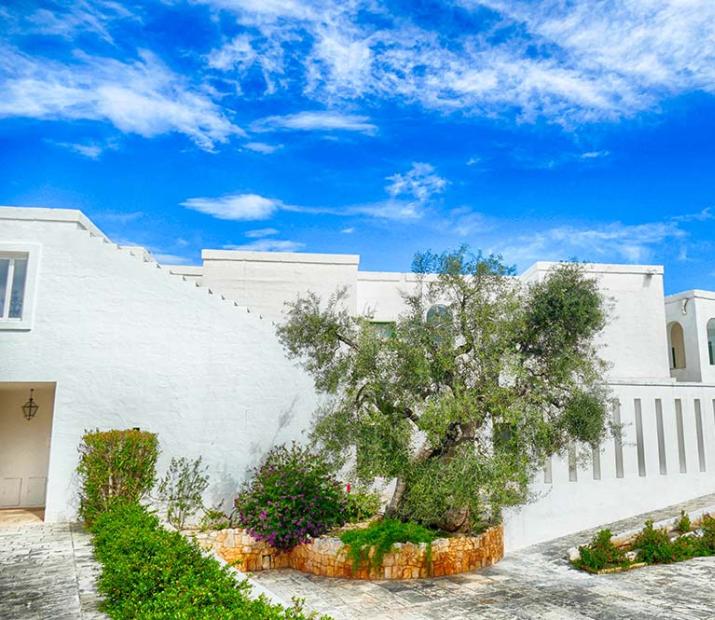 White building with garden under a blue sky.