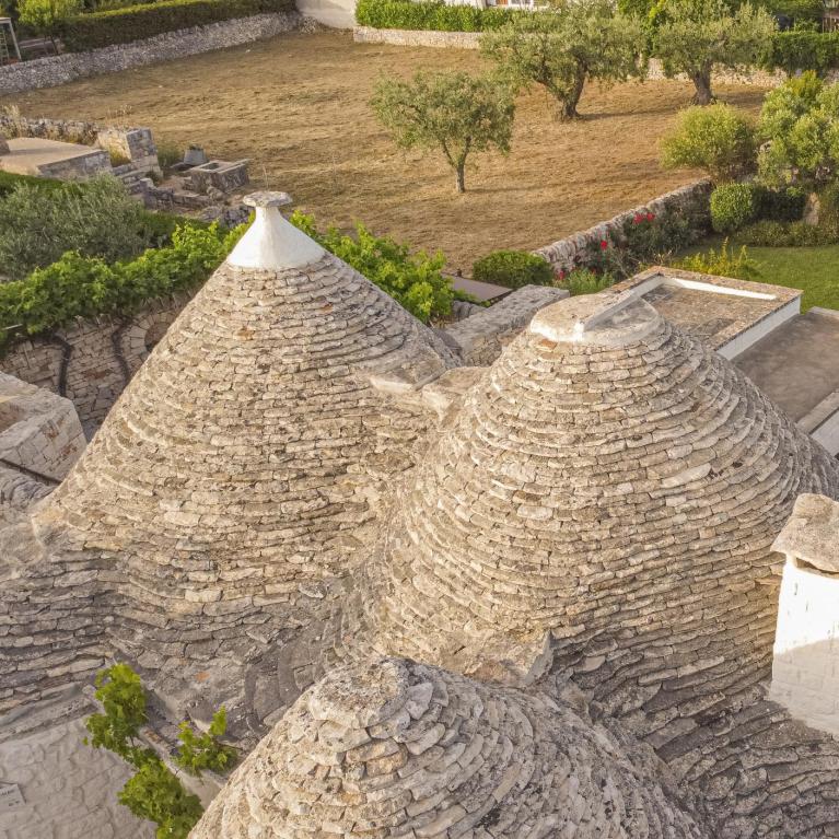 Vista aerea di trulli tradizionali con giardino verde circostante.