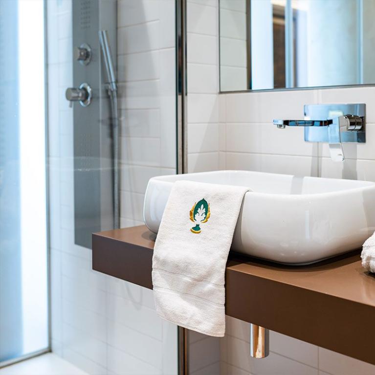 Modern bathroom with sink, towels, and shower.